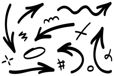 Elle çizilmiş oklar. Vektör karalama tasarım elementleri. İş bilgileri, afişler, web ve konsept tasarımı için beyaz arkaplan üzerine resim..