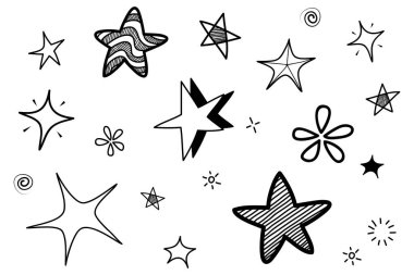 Beyaz arkaplanda izole edilmiş siyah el karalama yıldızları kümesi.