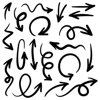 Elle çizilmiş oklar. Vektör karalama tasarım elementleri. İş bilgileri, afişler, web ve konsept tasarımı için beyaz arkaplan üzerine resim..