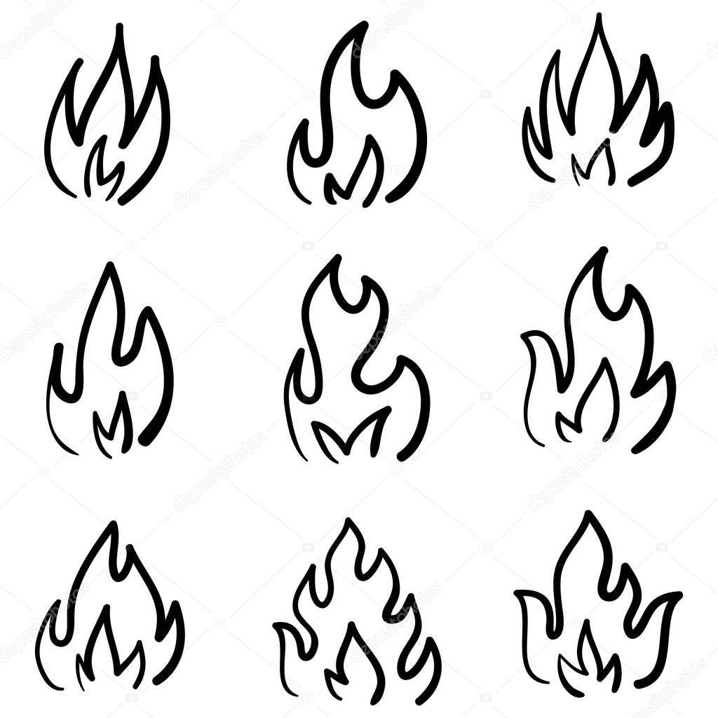 Hand drawn fire icons. Fire Flames Icons Vector Set. Hand Drawn Doodle Sketch Fire, Black and White Drawing. Simple fire symbol.