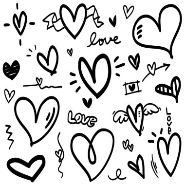 Doodle Hearts, el yapımı aşk kalpleri. Vektör illüstrasyonu.