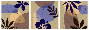 Soyut sanat arka plan vektörü. Modern şekil çizgisi sanat duvar kağıdı. Boho bitki örtüsü yaprakları ve deco, duvar sanatı, sosyal medya paylaşımı ve hikaye geçmişi için çiçek deseni tasarımı