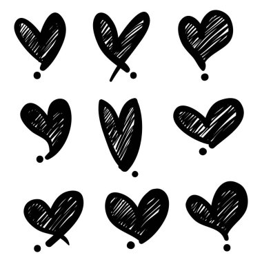 Doodle Hearts, el yapımı aşk kalpleri. Vektör illüstrasyonu.