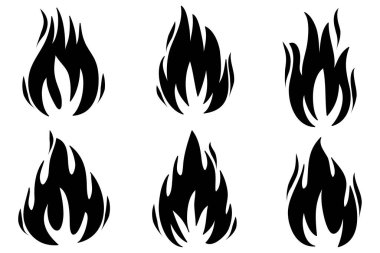 Elle çizilmiş ateş ikonları. Ateş Alevi Simgesi Vektörü Ayarlandı. El Çizimi Eskiz Ateşi, Siyah ve Beyaz Çizim. Basit ateş sembolü.