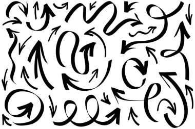 Elle çizilmiş oklar. Vektör karalama tasarım elementleri. İş bilgileri, afişler, web ve konsept tasarımı için beyaz arkaplan üzerine resim..