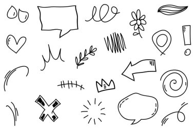 Elle çizilmiş karikatür tabelaları, eğri yönlü oklar, ifade efektleri tasarım elemanları, çizgi film karakteri duygu sembolleri, sevimli dekoratif fırça darbeleri..