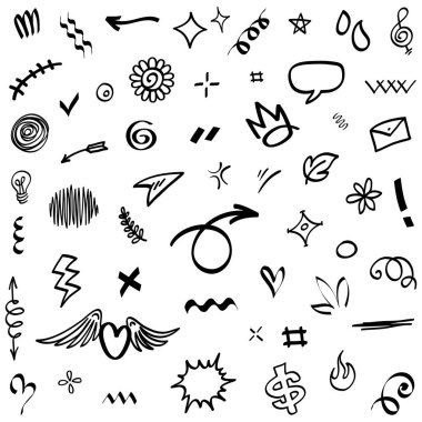 El çizimi elementler, soyut oklar, kurdeleler, kalpler, yıldızlar, taçlar ve diğer elementler konsept tasarımlar için el çizimi tarzında. Yazı illüstrasyonu. Vektör illüstrasyonu.