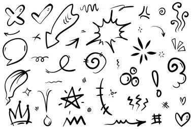 El çizimi elementler, soyut oklar, kurdeleler, kalpler, yıldızlar, taçlar ve diğer elementler konsept tasarımlar için el çizimi tarzında. Yazı illüstrasyonu. Vektör illüstrasyonu.