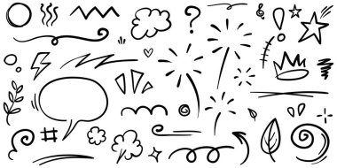 El çizimi elementler, soyut oklar, kurdeleler, kalpler, yıldızlar, taçlar ve diğer elementler konsept tasarımlar için el çizimi tarzında. Yazı illüstrasyonu. Vektör illüstrasyonu.