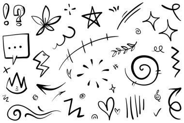 El çizimi elementler, soyut oklar, kurdeleler, kalpler, yıldızlar, taçlar ve diğer elementler konsept tasarımlar için el çizimi tarzında. Yazı illüstrasyonu. Vektör illüstrasyonu.