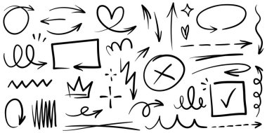 Elle çizilmiş oklar. Vektör karalama tasarım elementleri. İş bilgileri, afişler, web ve konsept tasarımı için beyaz arkaplan üzerine resim..