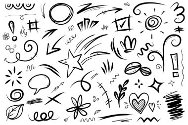 El çizimi elementler, soyut oklar, kurdeleler, kalpler, yıldızlar, taçlar ve diğer elementler konsept tasarımlar için el çizimi tarzında. Yazı illüstrasyonu. Vektör illüstrasyonu.