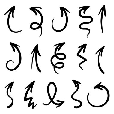 Elle çizilmiş oklar. Vektör karalama tasarım elementleri. İş bilgileri, afişler, web ve konsept tasarımı için beyaz arkaplan üzerine resim..