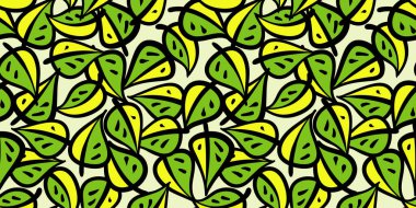 Yeşil yapraklar pürüzsüz desen bırakır. Siyah çizgi. Düz vektör şablonu.