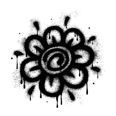 Sprey püskürtülmüş Graffiti çiçek ikonu beyaz arkaplanda izole edildi. Siyah üzerine sprey sıkılmış grafiti çiçek simgesi