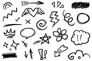 El çizimi elementler, soyut oklar, kurdeleler, kalpler, yıldızlar, taçlar ve diğer elementler konsept tasarımlar için el çizimi tarzında. Yazı illüstrasyonu. Vektör illüstrasyonu.