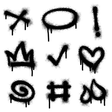 Graffiti çizim sembolleri. Soru işareti, ok, taç, yıldız, çit ve el vuruşlarından oluşan grafiti spreyi deseni boyalı. Sprey boya elementleri. Sokak sanatı çizimi. Vektör.