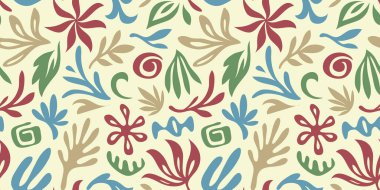 Renkli el yazması karalama kolajlı soyut bitki yaprağı deseni. Organik yapraklar karikatür arka planı, basit doğa şekilleri klasik pastel.