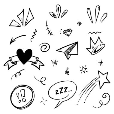 El çizimi elementler, soyut oklar, kurdeleler, kalpler, yıldızlar, taçlar ve diğer elementler konsept tasarımlar için el çizimi tarzında. Yazı illüstrasyonu. Vektör illüstrasyonu.