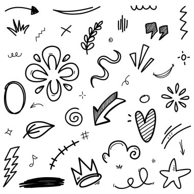 El çizimi elementler, soyut oklar, kurdeleler, kalpler, yıldızlar, taçlar ve diğer elementler konsept tasarımlar için el çizimi tarzında. Yazı illüstrasyonu. Vektör illüstrasyonu.