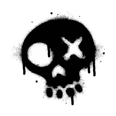 Sprey boyalı Grafiti kafatası ikonu beyaz bir arka plan ile izole edilmiş. Grafiti kafatası sembolü, beyazın üzerine siyah sprey sıkılmış..