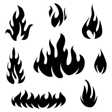 Elle çizilmiş ateş ikonları. Ateş Alevi Simgesi Vektörü Ayarlandı. El Çizimi Eskiz Ateşi, Siyah ve Beyaz Çizim. Basit ateş sembolü.