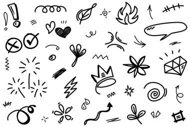 El çizimi elementler, soyut oklar, kurdeleler, kalpler, yıldızlar, taçlar ve diğer elementler konsept tasarımlar için el çizimi tarzında. Yazı illüstrasyonu. Vektör illüstrasyonu.