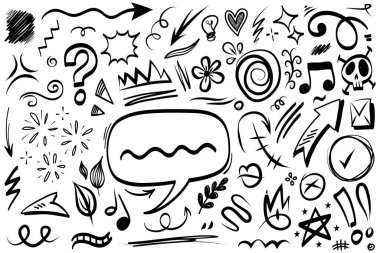 El çizimi elementler, soyut oklar, kurdeleler, kalpler, yıldızlar, taçlar ve diğer elementler konsept tasarımlar için el çizimi tarzında. Yazı illüstrasyonu. Vektör illüstrasyonu.