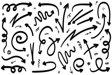 Elle çizilmiş oklar. Vektör karalama tasarım elementleri. İş bilgileri, afişler, web ve konsept tasarımı için beyaz arkaplan üzerine resim..