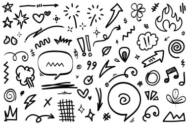 El çizimi elementler, soyut oklar, kurdeleler, kalpler, yıldızlar, taçlar ve diğer elementler konsept tasarımlar için el çizimi tarzında. Yazı illüstrasyonu. Vektör illüstrasyonu.