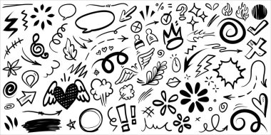 El çizimi elementler, soyut oklar, kurdeleler, kalpler, yıldızlar, taçlar ve diğer elementler konsept tasarımlar için el çizimi tarzında. Yazı illüstrasyonu. Vektör illüstrasyonu.