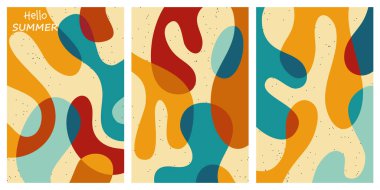 Yazın parlak ve sulu kart setinin yaratıcı konsepti. Sıvı şekilli kaplama efektli modern soyut sanat tasarımı. Kutlama, reklam, markalaşma, afiş, kapak, poster, satış için şablonlar