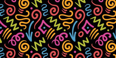 Eğlenceli renkli karalamalar, pürüzsüz desenler. Çocuklar için yaratıcı soyut sanat koleksiyonu ya da şenlikli kutlama tasarımı. Basit çocuksu karalama duvar kağıdı deseni demeti.