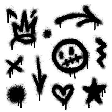 Graffiti çizim sembolleri. Soru işareti, ok, taç, yıldız, çit ve el vuruşlarından oluşan grafiti spreyi deseni boyalı. Sprey boya elementleri. Sokak sanatı çizimi. Vektör.