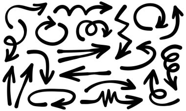 Elle çizilmiş oklar. Vektör karalama tasarım elementleri. İş bilgileri, afişler, web ve konsept tasarımı için beyaz arkaplan üzerine resim..