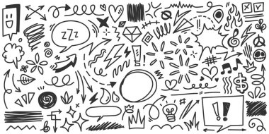 Elle çizilmiş karikatür tabelaları, eğri yönlü oklar, ifade efektleri tasarım elemanları, çizgi film karakteri duygu sembolleri, sevimli dekoratif fırça darbeleri..