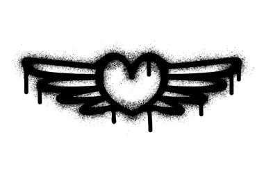 Beyazın üzerine siyah kanatlı graffiti işareti yap. Kalbe düşen aşkın sembolü. Beyaz arka planda izole edilmiş. vektör illüstrasyonu