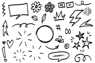 El çizimi karikatür ifadeleri karalama, eğri yön okları, ifade efektleri tasarım elemanları, çizgi film karakteri duygu sembolleri, sevimli dekoratif fırça darbeleri..
