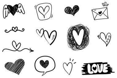 Doodle Hearts, el yapımı aşk kalpleri. Vektör illüstrasyonu.