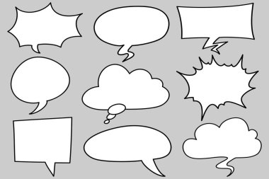 El yapımı konuşma baloncukları izole edildi. Doodle kümesi elemanı. Vektör illüstrasyonu.