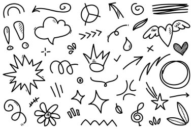 El çizimi karikatür ifadeleri karalama, eğri yön okları, ifade efektleri tasarım elemanları, çizgi film karakteri duygu sembolleri, sevimli dekoratif fırça darbeleri..