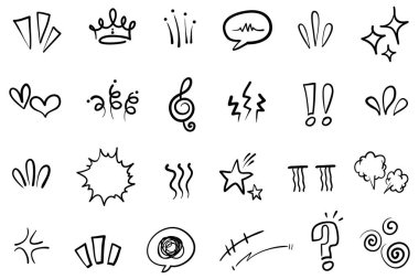 Elle çizilmiş karikatür tabelaları, eğri yönlü oklar, ifade efektleri tasarım elemanları, çizgi film karakteri duygu sembolleri, sevimli dekoratif fırça darbeleri..