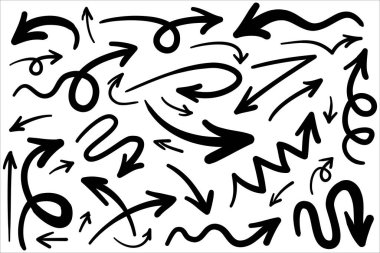 Elle çizilmiş oklar. Vektör karalama tasarım elementleri. İş bilgileri, afişler, web ve konsept tasarımı için beyaz arkaplan üzerine resim..