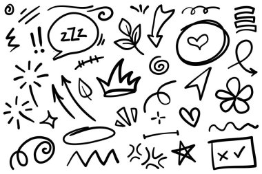 El çizimi karikatür ifadeleri karalama, eğri yön okları, ifade efektleri tasarım elemanları, çizgi film karakteri duygu sembolleri, sevimli dekoratif fırça darbeleri..