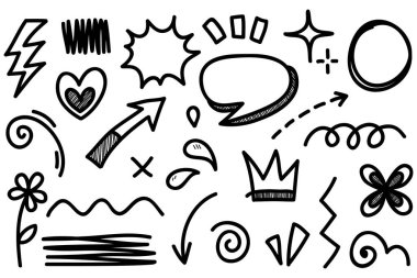 El çizimi karikatür ifadeleri karalama, eğri yön okları, ifade efektleri tasarım elemanları, çizgi film karakteri duygu sembolleri, sevimli dekoratif fırça darbeleri..