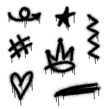 Graffiti çizim sembolleri. Soru işareti, ok, taç, yıldız, çit ve el vuruşlarından oluşan grafiti spreyi deseni boyalı. Sprey boya elementleri. Sokak sanatı çizimi. Vektör.
