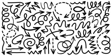 Elle çizilmiş oklar. Vektör karalama tasarım elementleri. İş bilgileri, afişler, web ve konsept tasarımı için beyaz arkaplan üzerine resim..