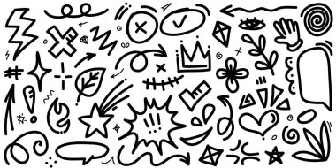 El çizimi karikatür ifadeleri karalama, eğri yön okları, ifade efektleri tasarım elemanları, çizgi film karakteri duygu sembolleri, sevimli dekoratif fırça darbeleri..