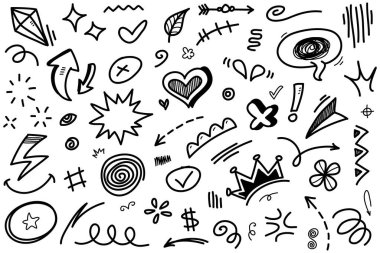 El çizimi karikatür ifadeleri karalama, eğri yön okları, ifade efektleri tasarım elemanları, çizgi film karakteri duygu sembolleri, sevimli dekoratif fırça darbeleri..