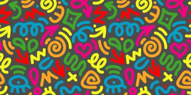 Eğlenceli renkli karalamalar, pürüzsüz desenler. Çocuklar için yaratıcı soyut sanat koleksiyonu ya da şenlikli kutlama tasarımı. Basit çocuksu karalama duvar kağıdı deseni demeti.